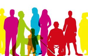 #ParaTodosVerem #ParaTodesVerem #PraCegoVer Imagem mostra desenhos sombreados de pessoas com deficiência, cada um de uma cor (rosa, verde, azul, amarelo, vermelho e laranja). Há também uma criança e um cão guia.