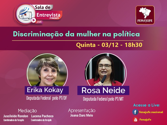 Sisejufe retransmite, nesta quinta, às 18h30, live da Fenajufe que discute discriminação da mulher na política, SISEJUFE