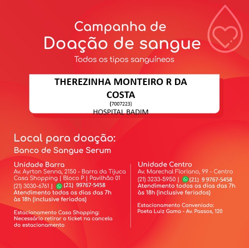 Pedido de doação de sangue para dona Therezinha, mãe do servidor Vitor Monteiro Costa, do TRF2, SISEJUFE