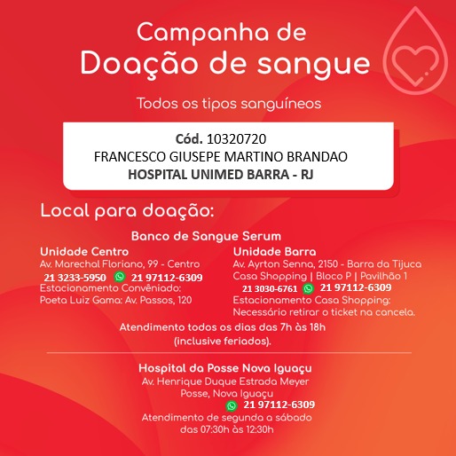 Pedido de doação de sangue para Francesco, de 15 anos, filho do colega Roberto Brandão, do TRE-RJ, SISEJUFE
