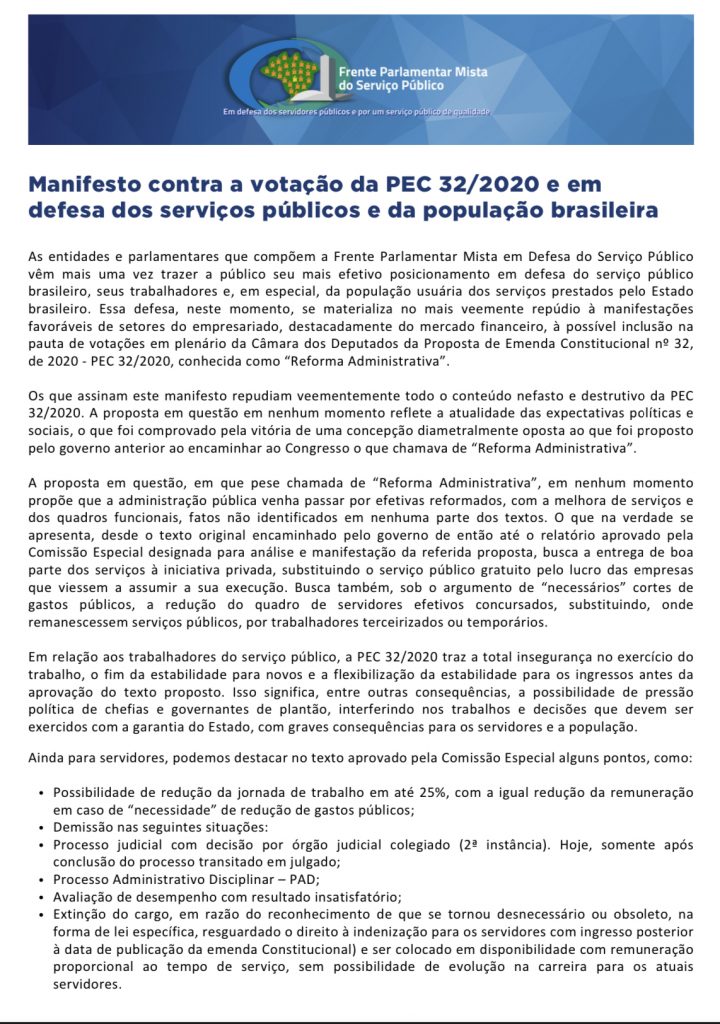 Sisejufe assina manifesto contra a votação da PEC 32/2020; em defesa dos serviços públicos e da população brasileira, SISEJUFE