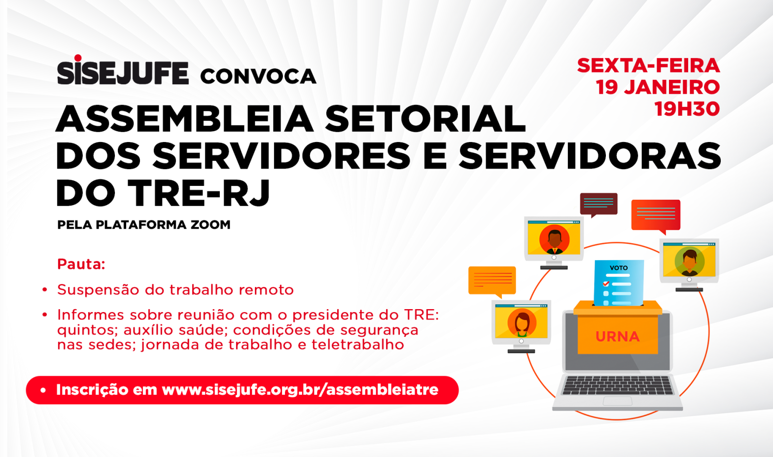 Sisejufe convoca servidores e servidoras do TRE-RJ para Assembleia setorial virtual, nesta sexta, 19/12, às 19h30, SISEJUFE